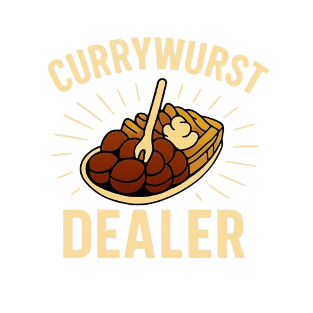 Currywurst mit Pommes und Mayonnaise in einer Schale mit dem Text Currywurst Dealer auf schwarzem Hintergrund.