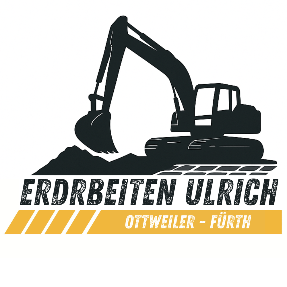 Schwarzer Bagger auf Erdhügel mit Text "ERDARBEITEN ULRICH" und "OTTWEILER - FÜRTH".