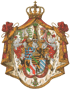 Farbiges Wappen mit Krone, goldenen Fransen und roten Vorhängen.