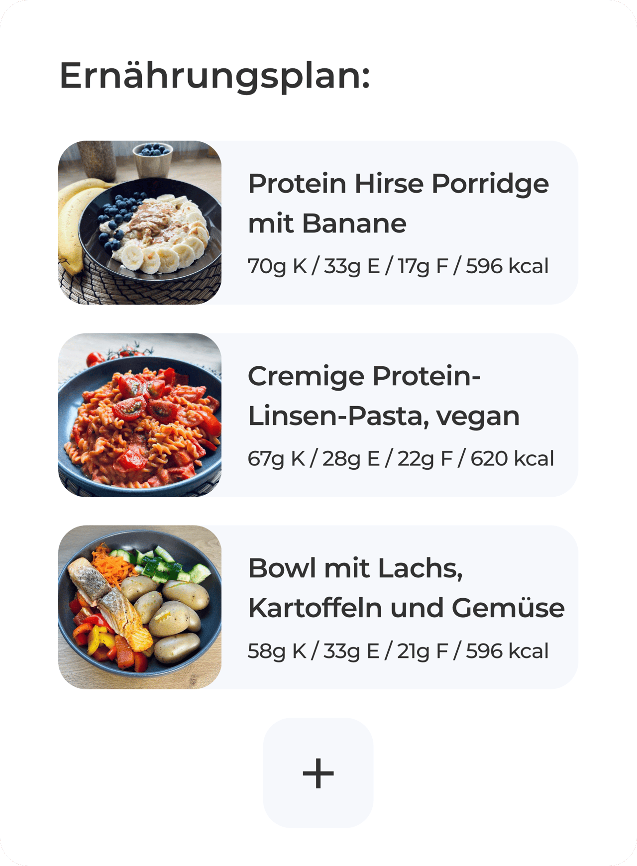 Ernährungsplan in der App mit drei Mahlzeiten und Nährwerten