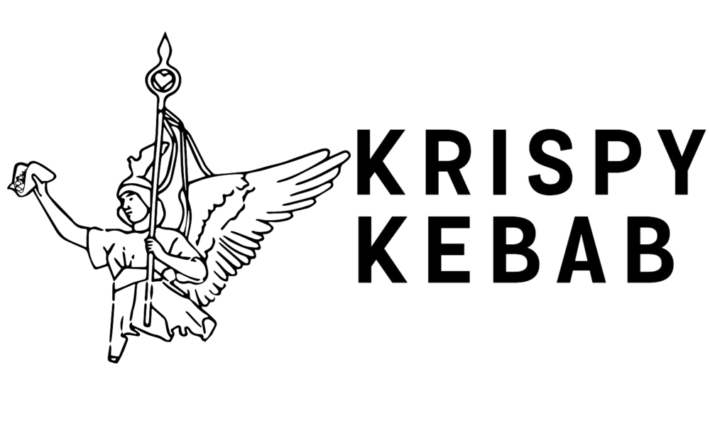 Geflügelte Figur hält eine Fahne neben dem Text "KRISPY KEBAB".