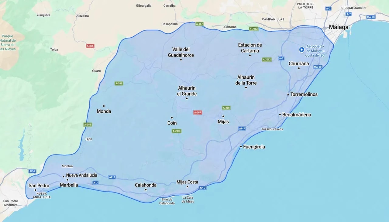 Map of DAMP-EXPERT's service area across the Costa del Sol