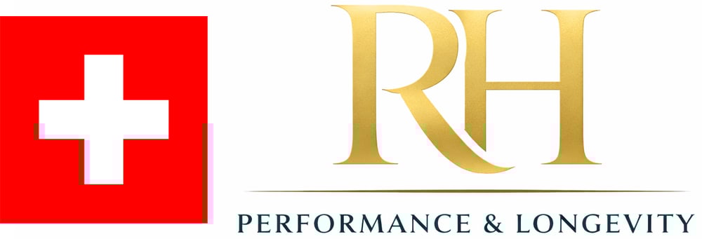 Logo mit Schweizer Flagge, goldenen Initialen RH und dem Text "PERFORMANCE & LONGEVITY".