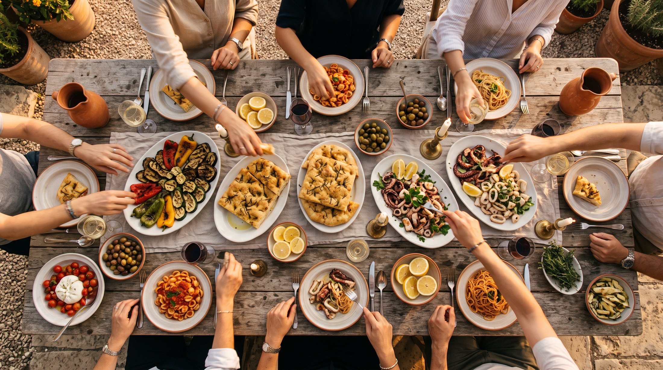 Hands reaching across a long table of shared dishes, seen from above