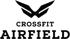 Schwarzes CrossFit Airfield Logo mit stilisiertem V- oder Flügel-Symbol über dem Text.