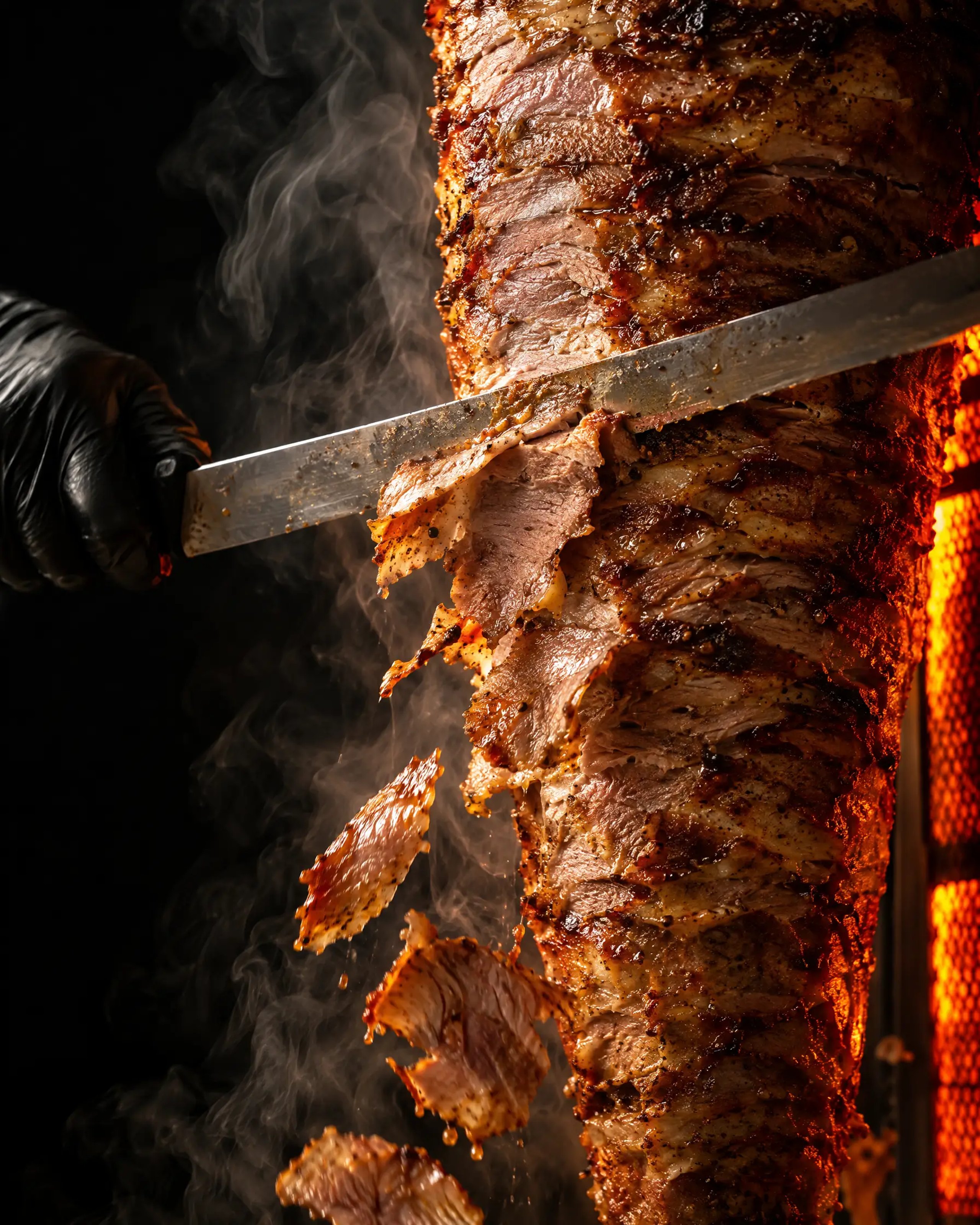 Knife shaving crispy meat from the doner spit