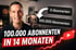 Mann vor Text: 100.000 Abonnenten in 14 Monaten, mit Grafik von 0 auf 100.000 Abonnenten und YouTube-Logo.