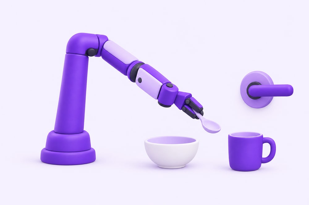 Illustration: Roboterarm mit Löffel über einer Schüssel, daneben eine Tasse