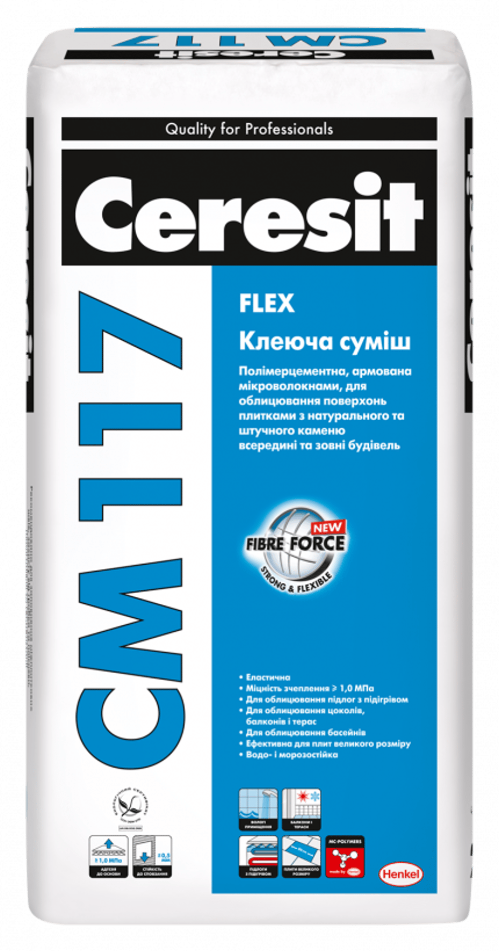 Білий мішок Ceresit CM 117 FLEX з синьою етикеткою, що містить інформацію про клеючу суміш.