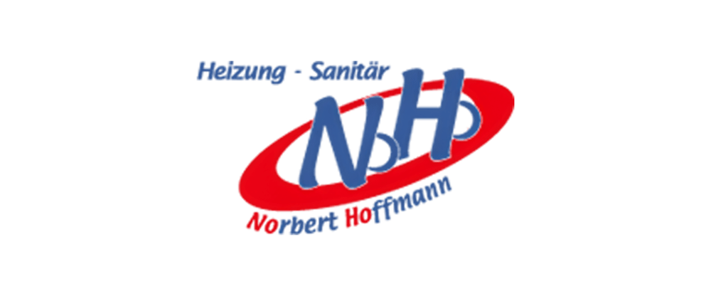 Logo mit rotem Oval, blauen Buchstaben "NH", und Text "Heizung - Sanitär" und "Norbert Hoffmann".