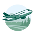 Ein Passagierflugzeug fliegt über eine grüne Landschaft mit Bäumen und Bergen im Hintergrund.