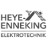 Firmenlogo: "HEYE-ENNEKING ELEKTROTECHNIK" mit stilisiertem Dach, Solarmodulen und Vogel.