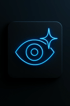 Blau leuchtendes Augen-Symbol mit Pupille und einem funkelnden Stern auf dunklem Hintergrund.