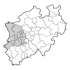 Karte von Nordrhein-Westfalen mit dem Regierungsbezirk Düsseldorf und angrenzenden Gebieten hervorgehoben.