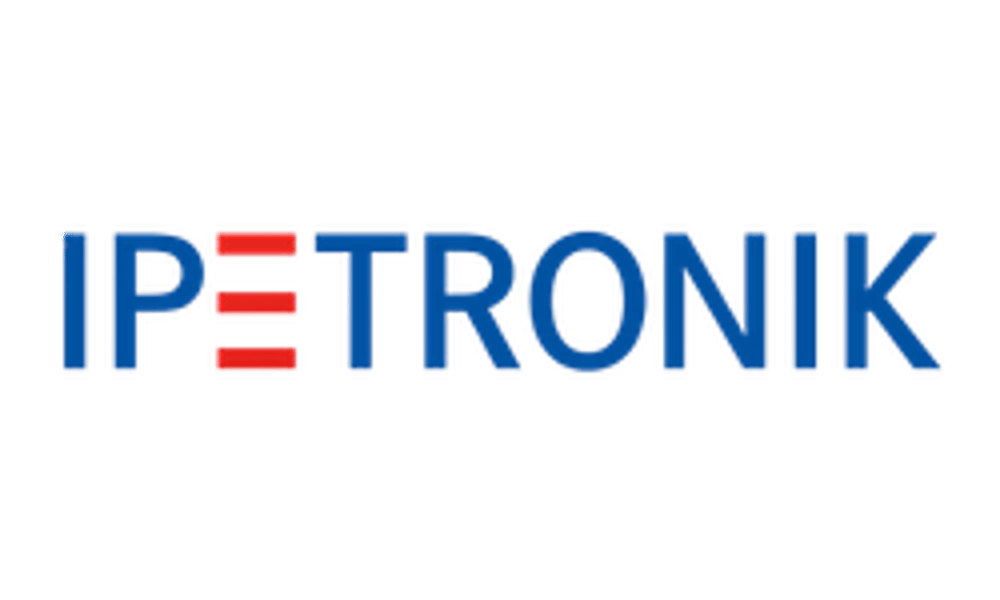 IPETRONIK Logo in Blau mit drei roten horizontalen Balken im "E".