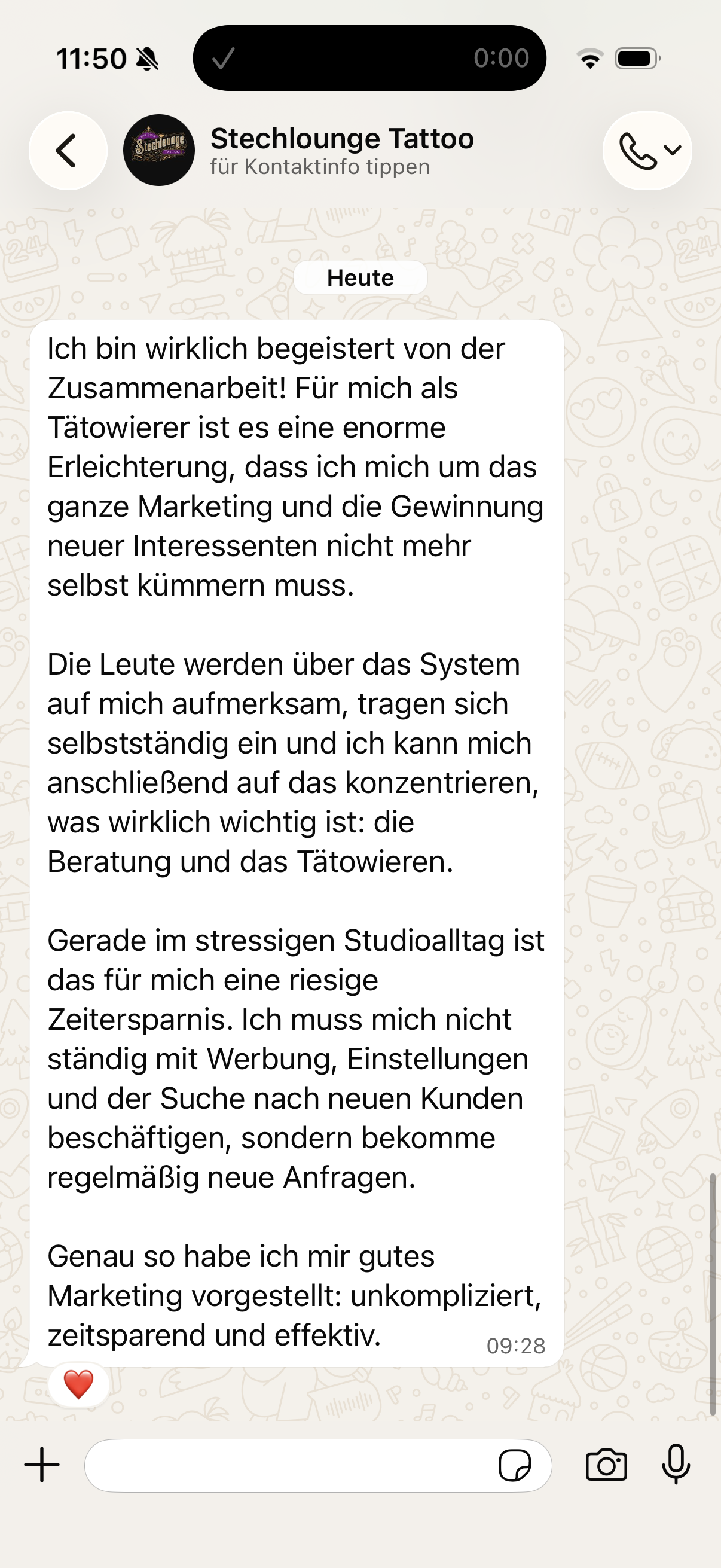 WhatsApp-Nachricht von einem Studioinhaber