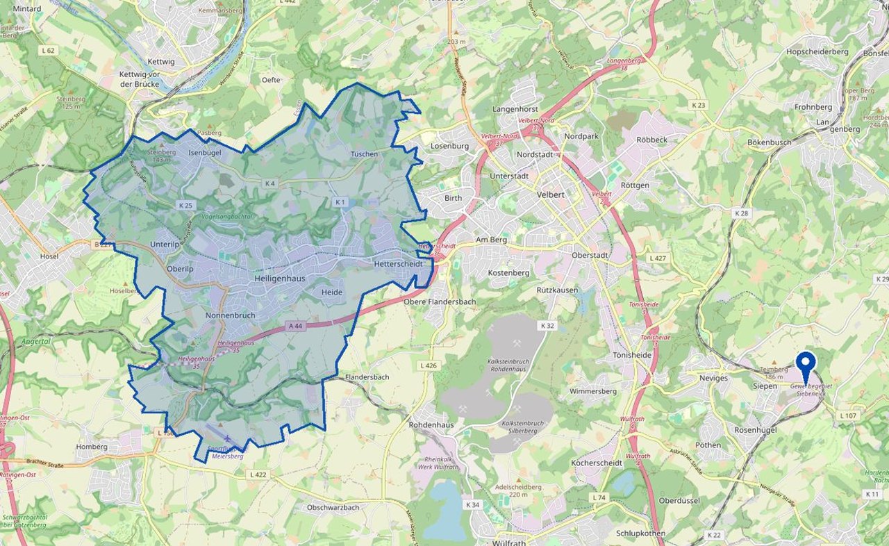 Karte: Stadtgebiet Heiligenhaus blau umrandet, dazu Velbert-Neviges, Am Rosenhügel – unser Standort