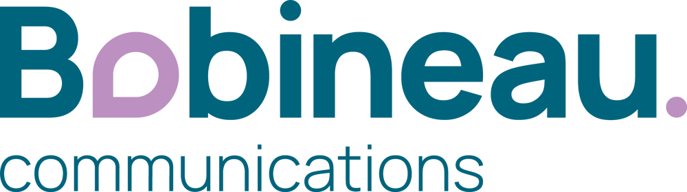 Bobineau. Communications-Logo in Türkis und Lila auf dunkelgrünem Hintergrund.