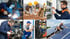 Collage aus sechs Bildern von Handwerkern bei der Arbeit, darunter Schweißen, Maurerarbeiten, Elektrik, Mechanik und Solarmontage.