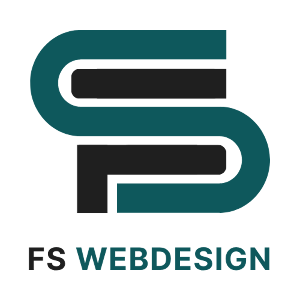 Logo von FS Webdesign mit einem abstrakt verschlungenen blaugrünen S und grauem F auf schwarzem Grund.