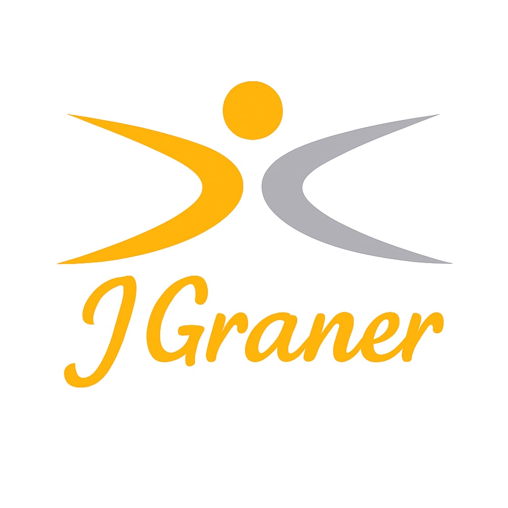 Logo of Juergen Graner, stylized figure with orange head and left arm, gray right arm, above "J Graner" in orange script.