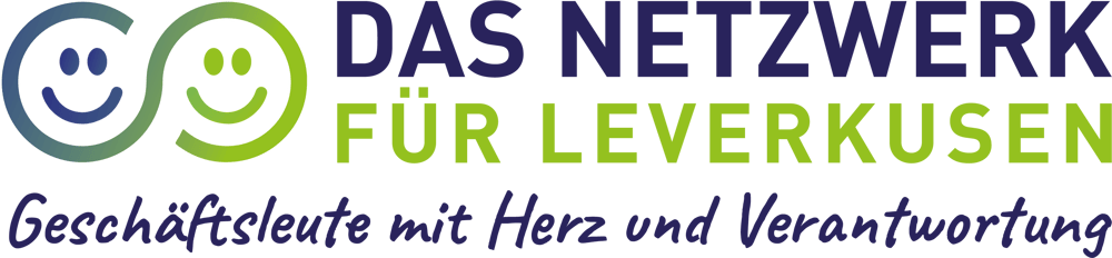 Zwei lächelnde Gesichter und Text: DAS NETZWERK FÜR LEVERKUSEN Geschäftsleute mit Herz und Verantwortung.