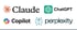 Logos für Claude, ChatGPT, Copilot und Perplexity auf weißem Hintergrund.