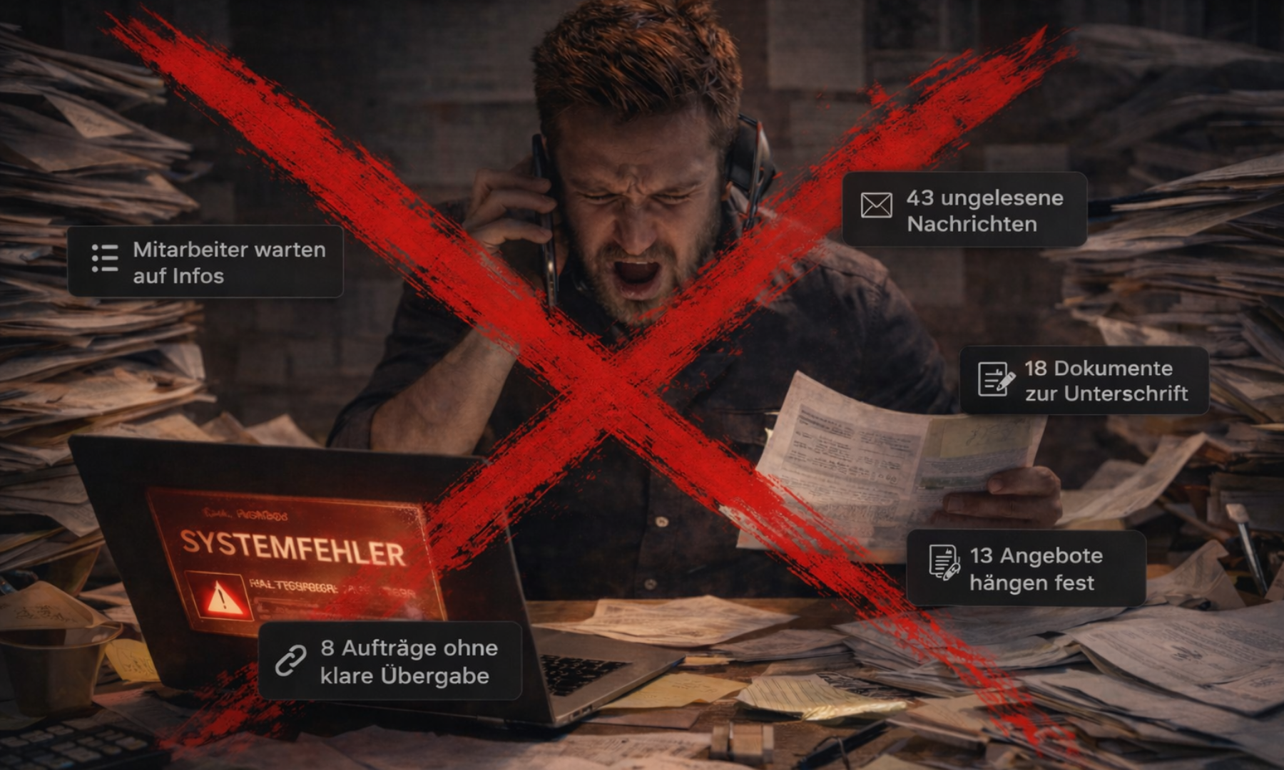 Überlasteter Unternehmer mit Papierchaos
