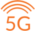 Orangefarbenes 5G-Logo mit drei darüberliegenden Wellenlinien auf dunklem Hintergrund.