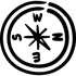 Schwarzer Kompass mit den Himmelsrichtungen W, N, E, S in einer unregelmäßigen Kreisform.