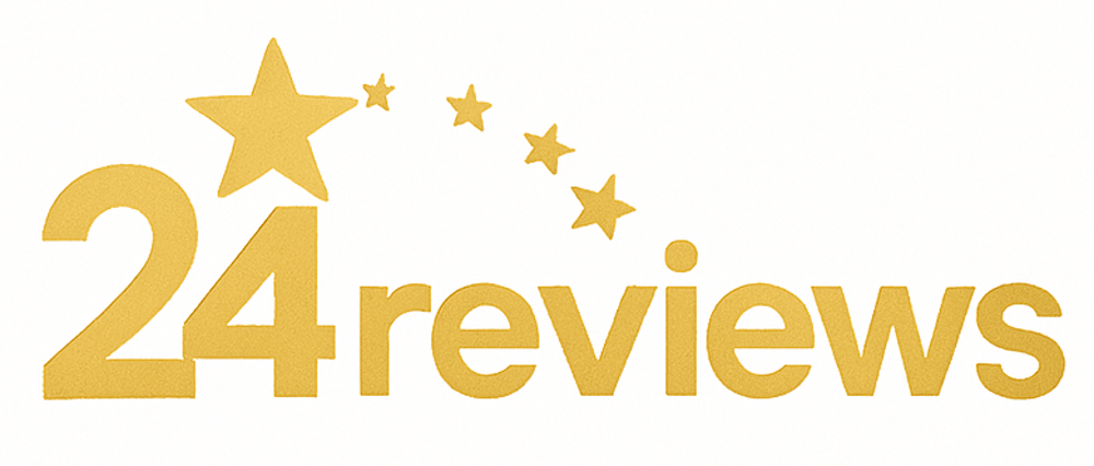Goldener Text "24reviews" mit einer großen goldenen Stern über der "2" und vier kleineren goldenen Sternen in einem Bogen.