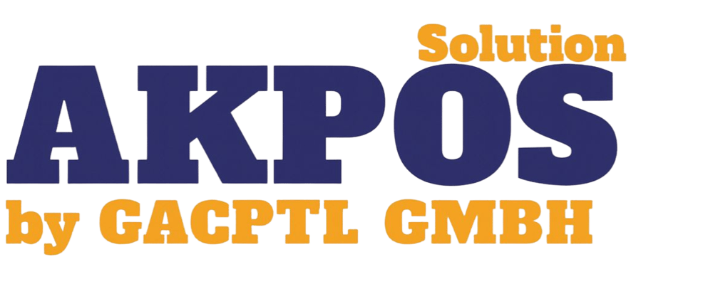 Logo mit dem Text "Solution AKPOS by GACPTL GMBH" in Blau und Orange auf grünem Hintergrund.