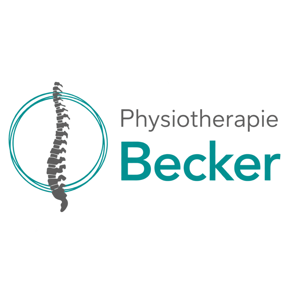 Logo der Physiotherapie Becker mit einer Wirbelsäule in einem türkisfarbenen Kreis auf schwarzem Hintergrund.