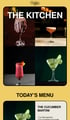 Vier Cocktails in verschiedenen Gläsern mit Text "THE KITCHEN" und "TODAY'S MENU", darüber "THE CUCUMBER MARTINI".