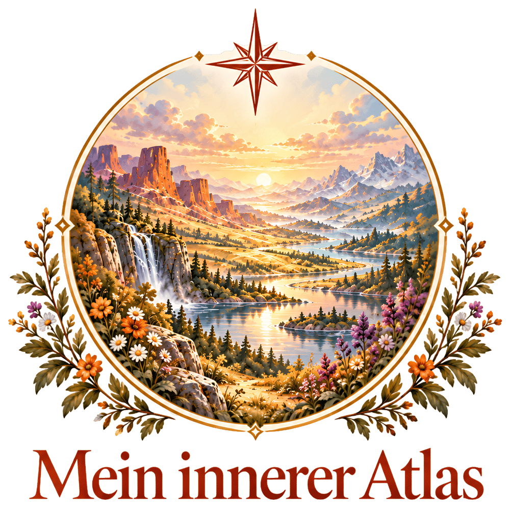 Logo «Mein innerer Atlas»: gemalte Landschaft mit Wasserfall und Fluss im Kreis, darüber ein Kompassstern