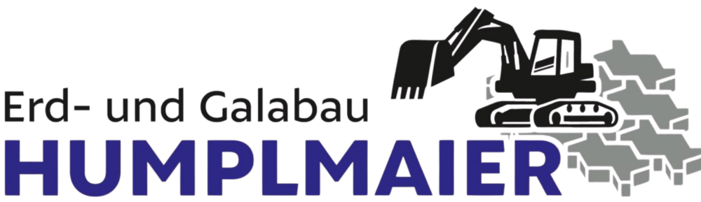 Logo von Erd- und Galabau Humplmaier mit einem Bagger über Pflastersteinen auf schwarzem Hintergrund.