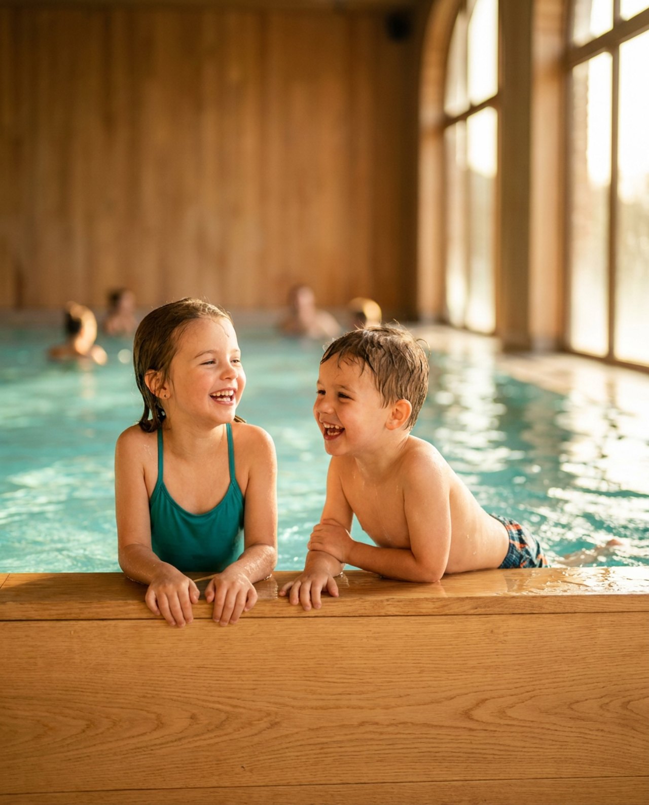 Zwei lachende Kinder am warmen Holz-Beckenrand der SwimUp Schwimmschule