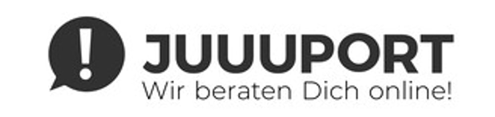 JUUUPORT Logo mit Ausrufezeichen in einer Sprechblase und dem Text „Wir beraten Dich online!“.