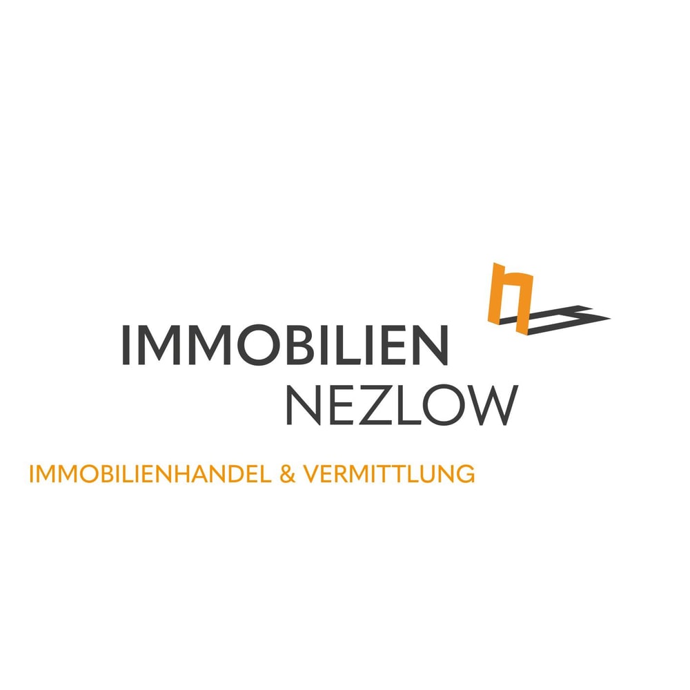 Logo von Immobilien Nezlow für Immobilienhandel & Vermittlung mit orangefarbenem grafischem Symbol.