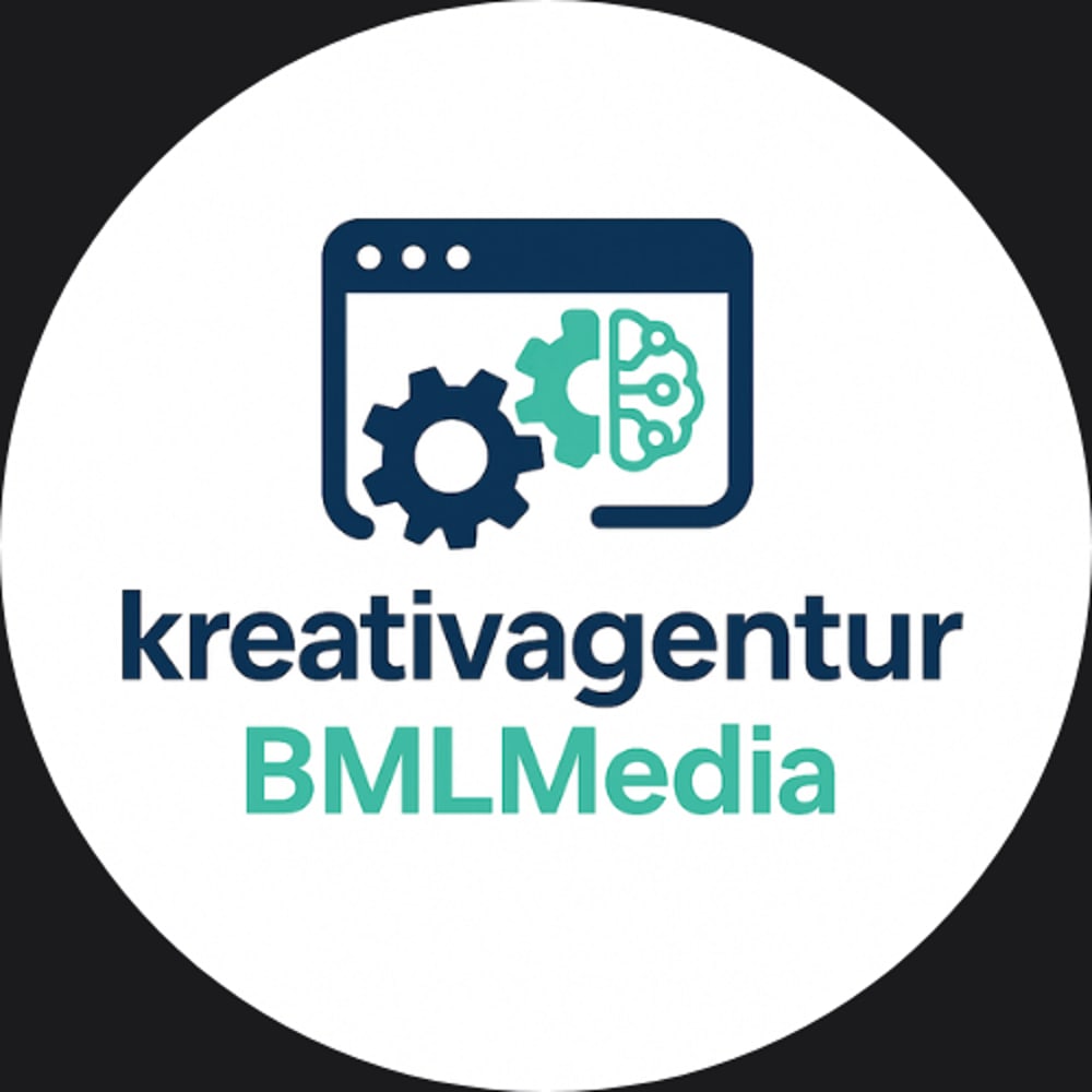 Ein Logo mit Browserfenster, Zahnrad, Gehirn und dem Text „kreativagentur BMLMedia“.