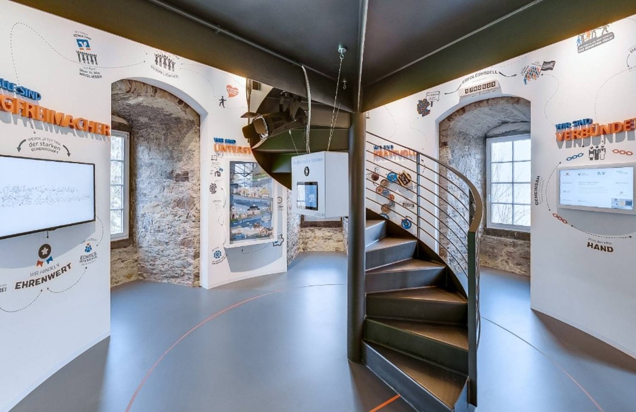 Eine Wendeltreppe verbindet die Ebenen des Turms zu einem dramaturgischen Rundgang – jede Etage widmet sich einem anderen Aspekt der genossenschaftlichen Gemeinschaft.