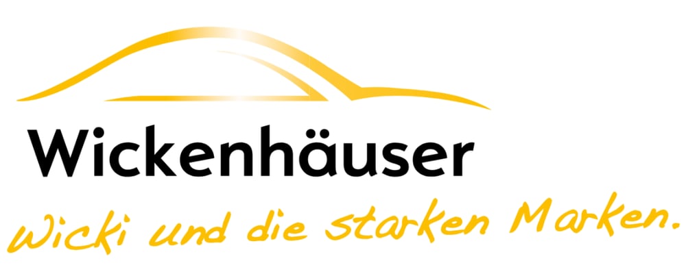 Logo: Wickenhäuser, wicki und die starken Marken. Eine goldene, stilisierte Autokontur ist über dem Text.