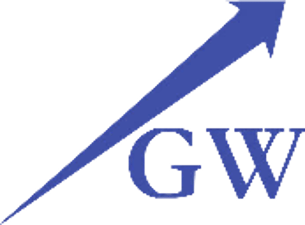 Blauer Aufwärtspfeil über den Buchstaben GW auf schwarzem Hintergrund.