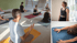 Menschen praktizieren Yoga in einem hellen Studio, sitzend in Meditation und liegend in der Kindhaltung auf bunten Matten.