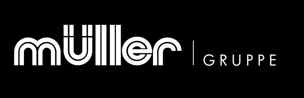Weißer Text "Müller GRUPPE" auf schwarzem Hintergrund.