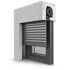 Schnittansicht eines grauen Rollladens, der in eine Wand und über einem Fenster installiert ist.
