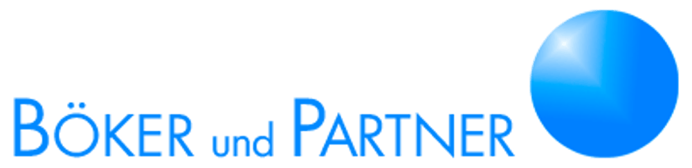 BÖKER und PARTNER Logo in Blau mit einem glänzenden blauen Kreis.