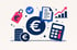 Euro-Symbol, Münzen, Preisschild, Dokument, Rechner und ansteigender Finanzgrafik.