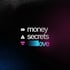 Dunkler Hintergrund mit den Wörtern "money secrets love" und zugehörigen Symbolen.