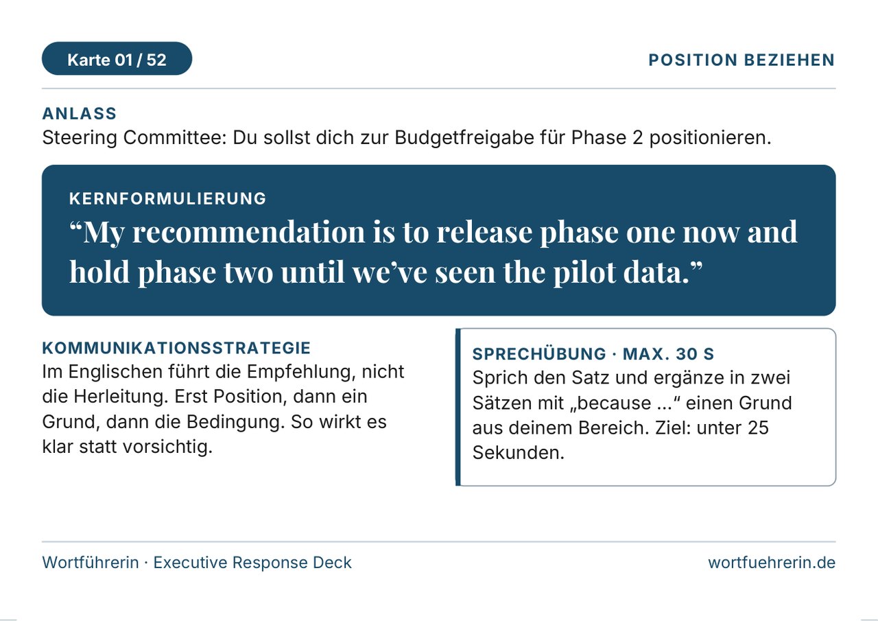 Karte 01 von 52 aus dem Executive Response Deck, Kategorie Position beziehen, Premium-Version